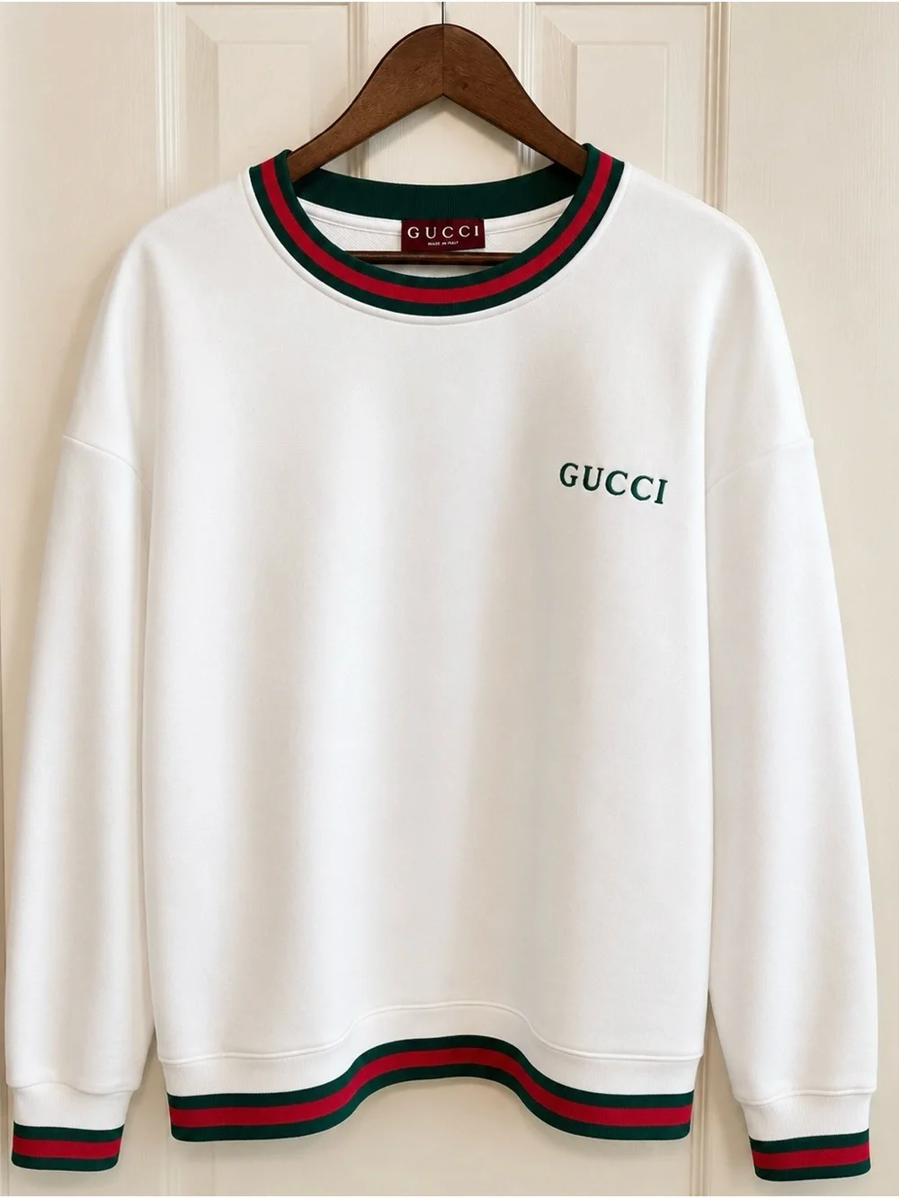 Gucci White Crewneck Sweater with Green & Red Stripe Trim